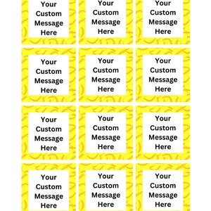 May include: A sheet of twelve customizable squares. Each square has a yellow softball pattern border and a white center with the text "Your Custom Message Here" in black. Ideal for personalized gifts or event favors.