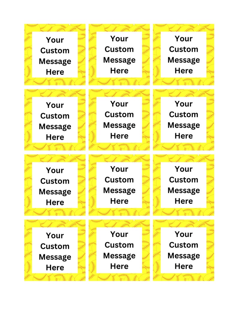 May include: A sheet of twelve customizable squares. Each square has a yellow softball pattern border and a white center with the text "Your Custom Message Here" in black. Ideal for personalized gifts or event favors.