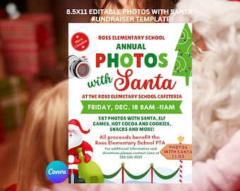 May include: A red and white flyer advertising an annual "Photos with Santa" event at Ross Elementary School. The event will take place on Friday, 18th December from 8am to 11am. The flyer includes details about the event, such as 5x7 photos with Santa, elf games, hot chocolate and cookies, snacks, and more. It also states that all proceeds benefit the Ross Elementary School PTA. The flyer includes a contact number for additional information and donations.