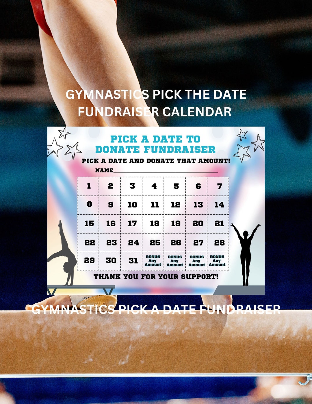 Gymnastics Calendar Fundraiser, Pick a Date to Donate Printable