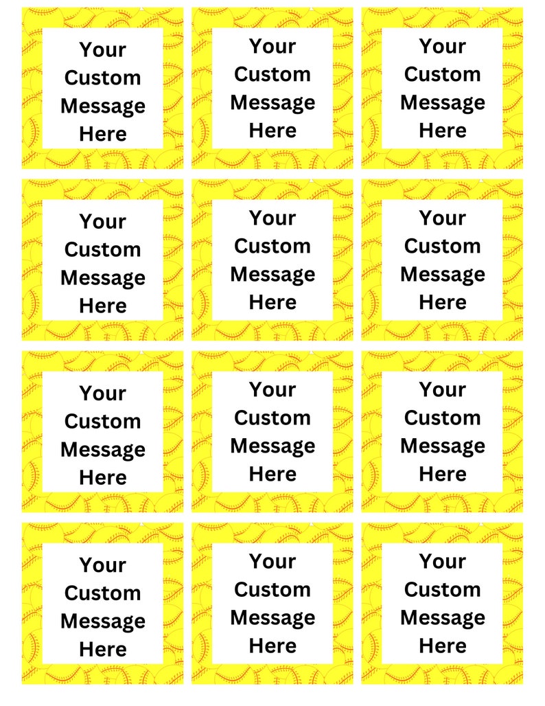 May include: A sheet of customizable softball-themed labels. Each label features a white square with the text "Your Custom Message Here" on a yellow background with a softball pattern. Ideal for personalized gifts.