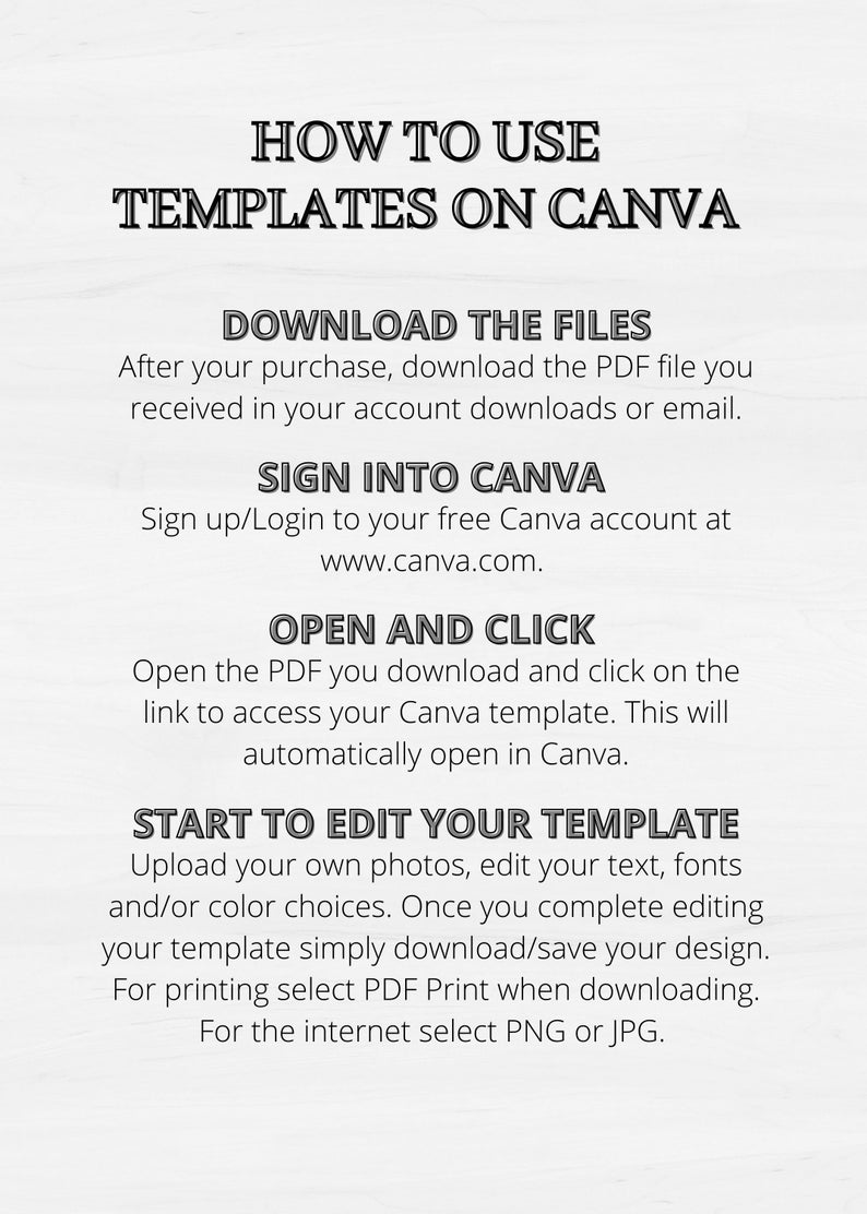 May include: A white background with black text explaining how to use templates on Canva. The text includes instructions on downloading files, signing into Canva, opening and clicking on the PDF, and editing the template.