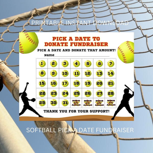 Softball Calendar Fundraiser, Pick a Date to Donate Printable, Softball Fundraiser, Sport Calendar Fundraiser, Softball Fundraiser Printable