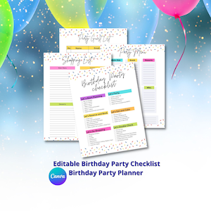 May include: A printable birthday party checklist with colourful confetti and balloons. The checklist includes sections for planning, guest list, shopping, menu, and a double check.