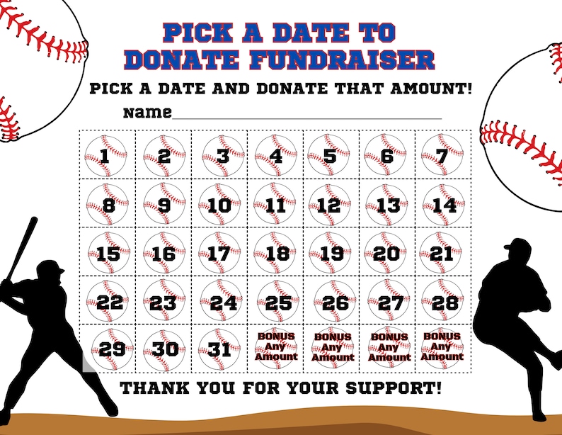 Baseball Calendar Fundraiser, Pick a Date to Donate Printable (PDF, PNG ...