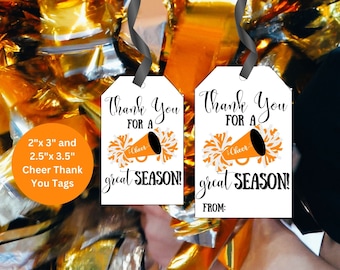May include: Two white thank you tags with a cheerleading megaphone graphic. The text on the tags reads "Thank You for a Great Season!" The tags are 2 inches by 3 inches and 2.5 inches by 3.5 inches.
