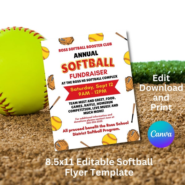 Softball Fundraiser, Softball Fundraiser Flyer, Editable Flyer Template, School Fundraiser Flyer, Softball Flyer, Sports Fundraiser Flyer