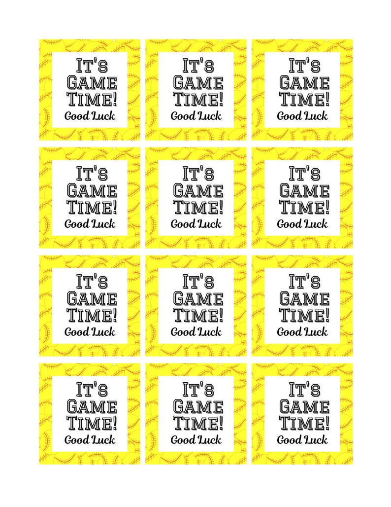 May include: A sheet of twelve yellow and white softball-themed gift tags. Each tag has a yellow background with a softball pattern. The text "IT'S GAME TIME! Good Luck" is printed in black.
