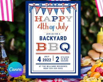 4th of July BBQ Invitation Template, Patriotic Cookout, Independence Day Party, Red White Blue, Backyard Barbeque (Digital Download)
