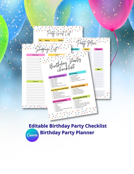 Birthday Party Checklist Planner, Editable Canva Template (Digital Download)