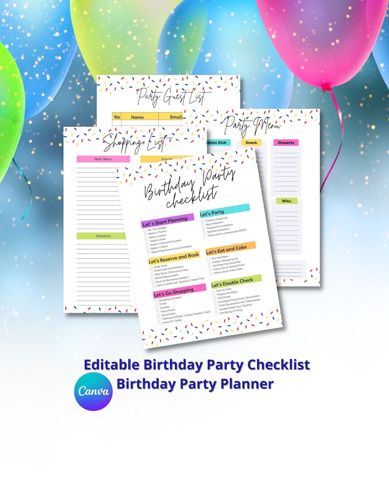 May include: A colorful printable checklist for planning a birthday party. The checklist includes sections for planning, reserving, shopping, eating, and a double check. The checklist is decorated with confetti.