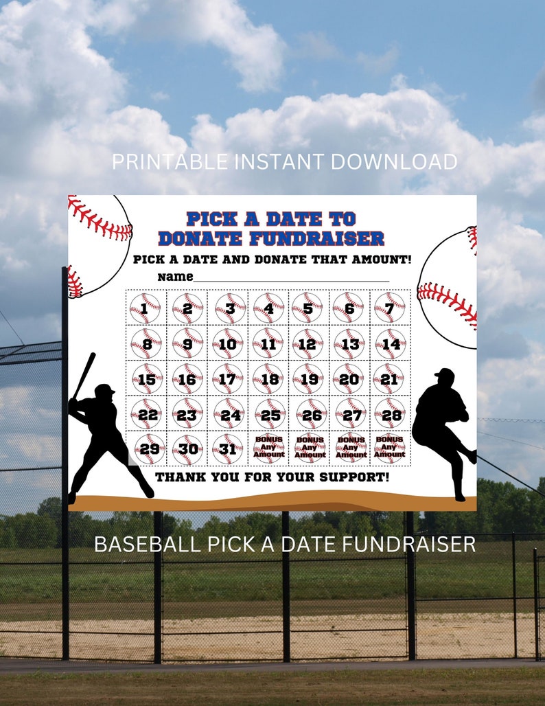 Baseball Calendar Fundraiser, Pick a Date to Donate Printable (PDF, PNG ...