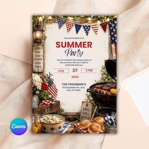 Könnte beinhalten: Einladung zu einer Sommerparty mit rustikalem Thema. Das Design zeigt einen Holzuntergrund, amerikanische Flaggen und einen Grill. Der Text enthält "Summer Party", Datum, Uhrzeit und Adresse.