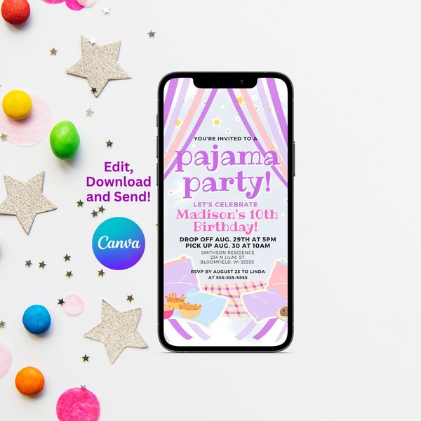 Mobile Invitation, Electronic Pajama Party Invitation, Birthday Phone Invitation Template, Pajama Party Evite Template, Kid Birthday  Evite