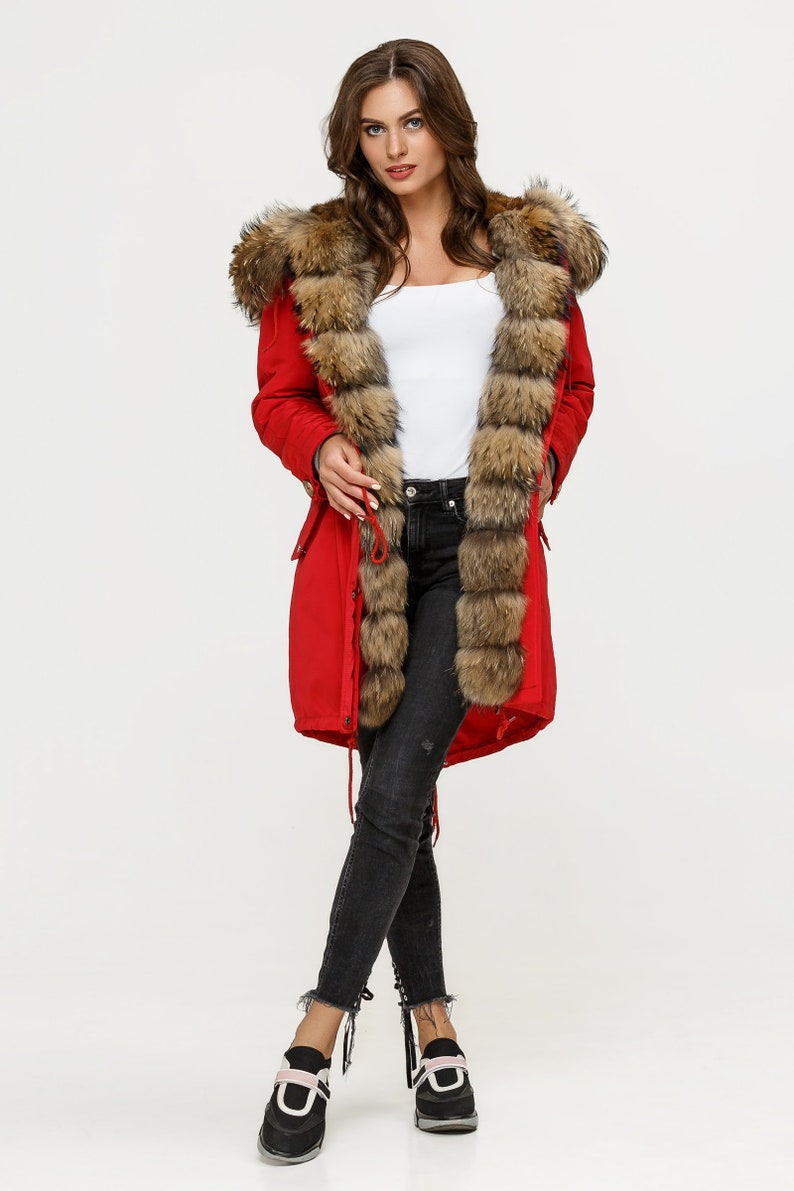 Woman Racoon Fur Hooded Winter Coat Parka Jacket Outerwear Etsy