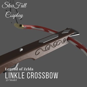 May include: A brown and silver crossbow with a red and white string. The crossbow has intricate carvings and a gold accent. The text "Legend of Zelda LINKLE CROSSBOW 3D Model" is visible below the crossbow.