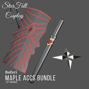 May include: A 3D model of Maple's accessories from the anime Bofuri: a black and red shield, a black sword with a red and gold hilt, and a black star-shaped weapon. The text "Bofuri MAPLE ACCS BUNDLE 3D Model" is at the bottom of the image.
