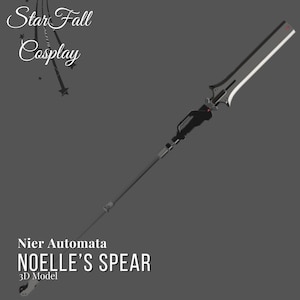 May include: A 3D model of Noelle's Spear from the video game Nier Automata. The spear is silver and black with a red tip.