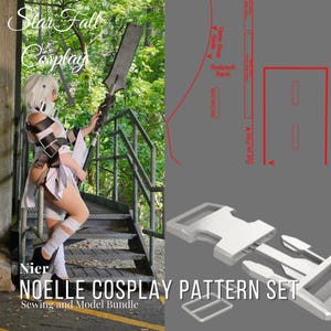 Pode incluir: Um conjunto de padrões de cosplay para a personagem Noelle do videogame Nier. O conjunto inclui padrões de costura e um modelo 3D. A imagem também mostra um cosplayer vestido como Noelle, segurando uma arma.