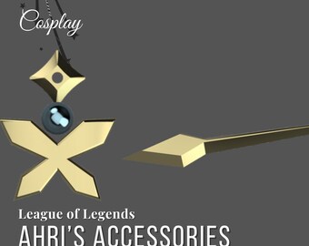 May include: A 3D model of Ahri's accessories from League of Legends. The model includes a gold star-shaped pendant with a black gem, a gold star-shaped pendant with a black gem, and a gold blade.