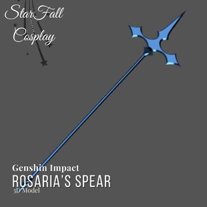 May include: A blue and silver spear with a four-pointed tip. The spear is called "Rosaria's Spear" and is from the game Genshin Impact. 3D Model.