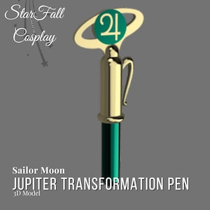 Puede incluir: Un bolígrafo de transformación Jupiter dorado de Sailor Moon. El bolígrafo presenta un diseño verde azulado y dorado con un símbolo de Júpiter en la parte superior. El texto "Star Fall Cosplay" está en la esquina superior izquierda. El texto "Sailor Moon JUPITER TRANSFORMATION PEN 3D Model" está en la parte inferior.