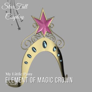 以下が含まれることがあります： マイリトルポニーの「Element of Magic Crown」と書かれた、ピンクの星と青い宝石が付いた金色の王冠。王冠は湾曲したベースと装飾的な渦巻きがあり、上部には「Star Fall Cosplay」の文字があります。