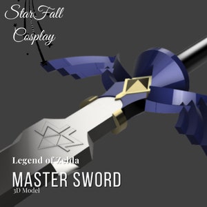 May include: A 3D model of the Master Sword from The Legend of Zelda video game series. The sword is silver with a blue and gold hilt. The model is designed for cosplay and is available for download.