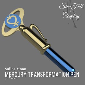 Puede incluir: Modelo 3D del bolígrafo de transformación de Sailor Moon Mercury. Un bolígrafo dorado y azul con una parte superior en forma de llave y una gema azul con un corazón y un símbolo.