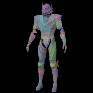 May include: A full-body suit of armor in a rainbow pastel color scheme. The armor is segmented, with layered plates and a helmet featuring a horned design. The background is solid black.