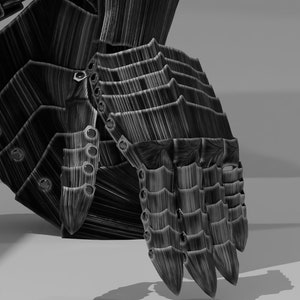 May include: Close-up of a black and gray armored gauntlet. The gauntlet features layered plates with riveted accents and articulated finger segments. The armor has a textured, wood-grain appearance, suggesting a stylized design.
