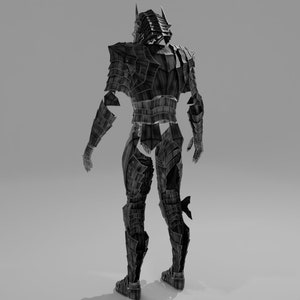 May include: A grayscale rendering of a full suit of armor. The armor is segmented, with a spiky helmet and shoulder guards. The design appears to be medieval or fantasy-inspired, with intricate detailing and a dark, metallic finish.