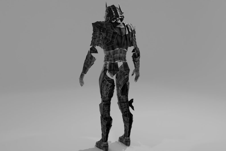 May include: A grayscale rendering of a full suit of armor. The armor is segmented, with a spiky helmet and shoulder guards. The design appears to be medieval or fantasy-inspired, with intricate detailing and a dark, metallic finish.