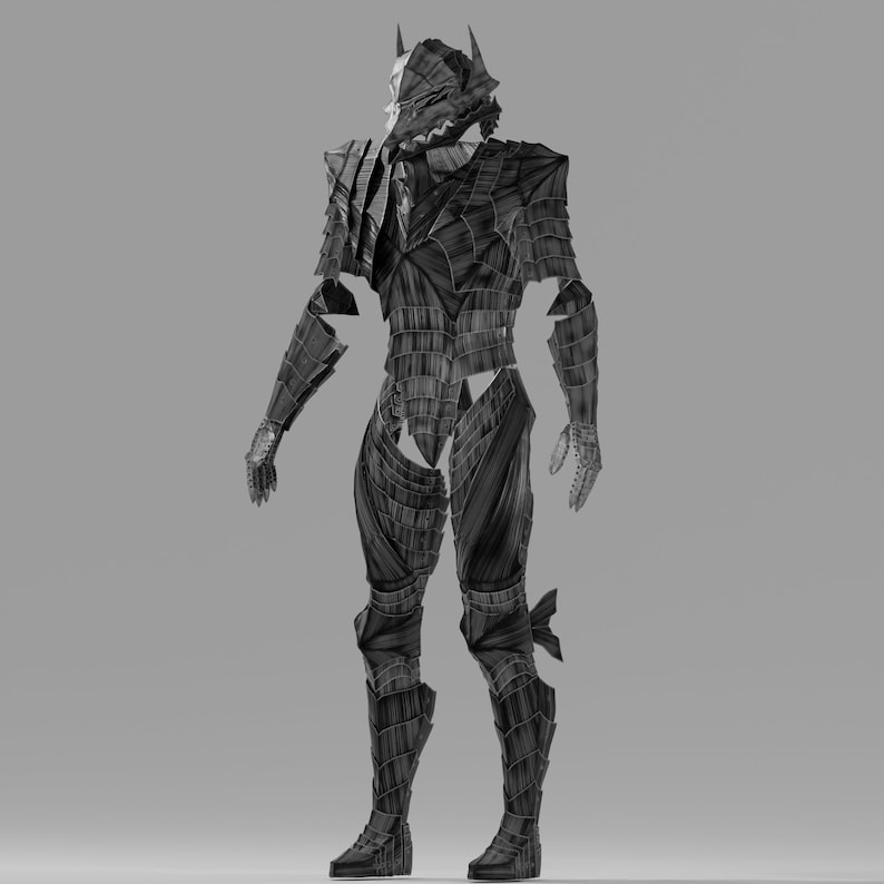 May include: A grayscale illustration of a full suit of armor. The armor is intricately designed with overlapping plates and a helmet featuring a stylized face. The overall aesthetic suggests a fantasy or medieval theme.