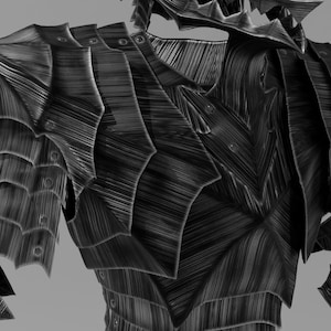 May include: A detailed, grayscale image of a suit of armor. The armor is dark, with a textured, metallic appearance. The design features layered plates and articulated sections, suggesting a medieval or fantasy theme. The armor covers the torso and arms.