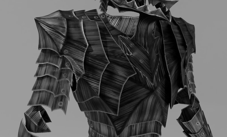 May include: A detailed, grayscale image of a suit of armor. The armor is dark, with a textured, metallic appearance. The design features layered plates and articulated sections, suggesting a medieval or fantasy theme. The armor covers the torso and arms.