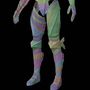 May include: A 3D rendering of a segmented figure, showcasing armor-like segments in pastel colors. The figure's legs, arms, and torso are visible, with a focus on the layered design and the play of light and shadow.
