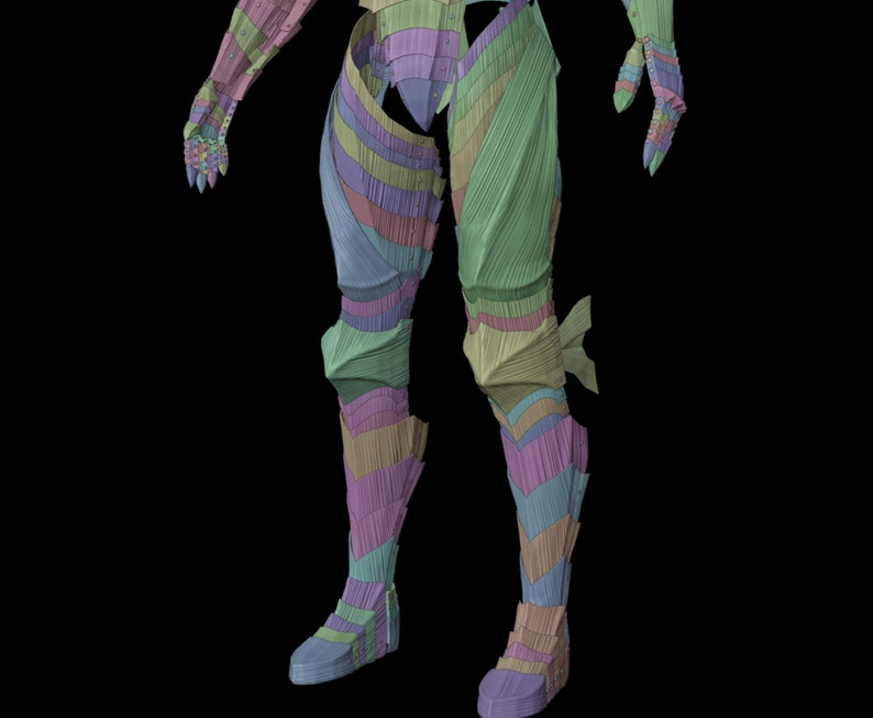 May include: A 3D rendering of a segmented figure, showcasing armor-like segments in pastel colors. The figure's legs, arms, and torso are visible, with a focus on the layered design and the play of light and shadow.