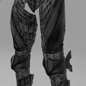 May include: A grayscale image of a detailed, segmented suit of armor. The armor appears to be made of layered, textured material, with articulated joints and intricate designs. The image focuses on the lower body and arms.
