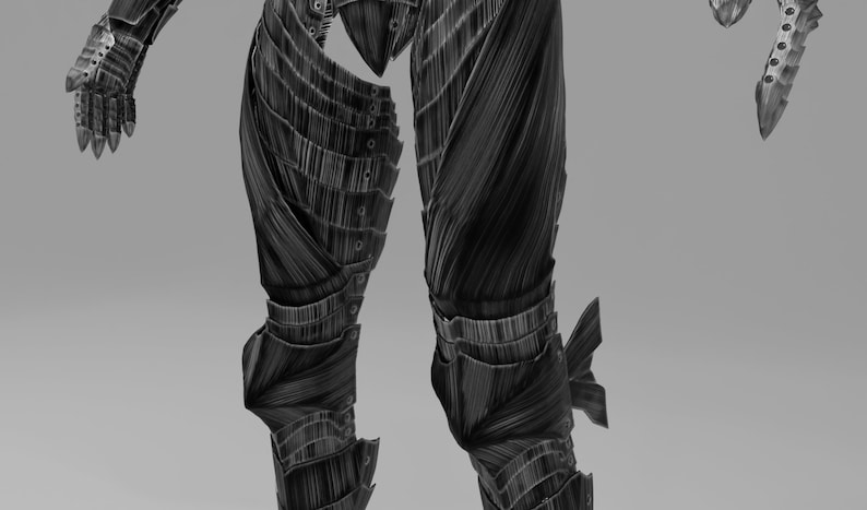 May include: A grayscale image of a detailed, segmented suit of armor. The armor appears to be made of layered, textured material, with articulated joints and intricate designs. The image focuses on the lower body and arms.