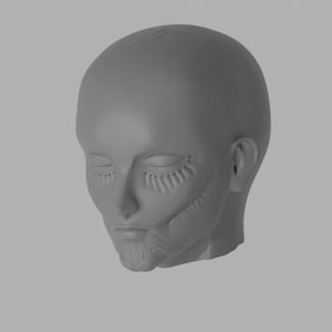 May include: A gray 3D printed model of a human head with closed eyes and a beard. The model is detailed with facial features and a textured surface.