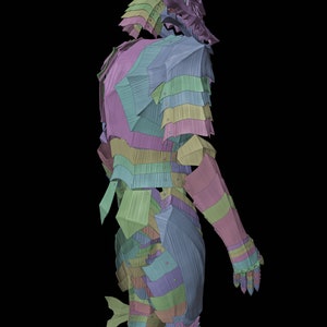 May include: A colorful, layered suit of armor in pastel shades of pink, blue, green, and yellow. The armor appears to be made of overlapping plates, with a textured, almost fabric-like appearance. The design includes a helmet and covers the arms and torso.