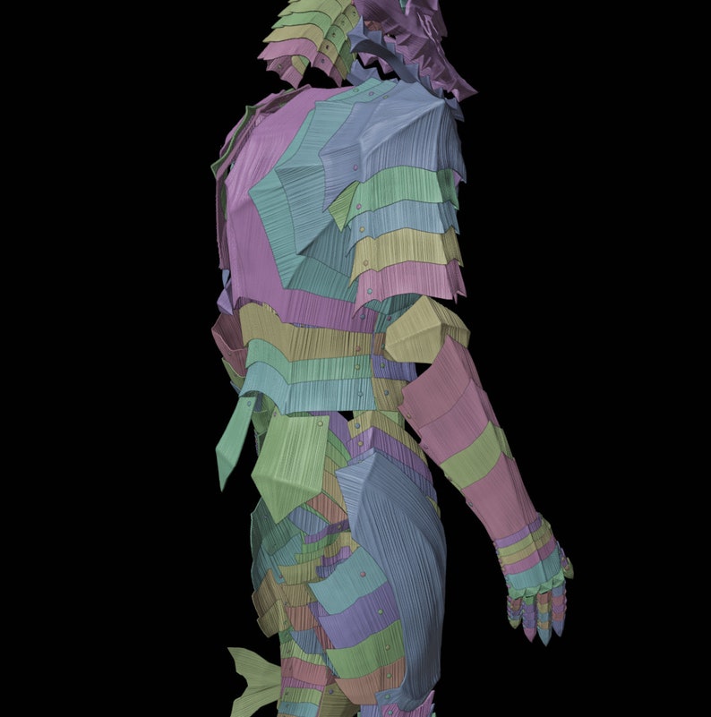 May include: A colorful, layered suit of armor in pastel shades of pink, blue, green, and yellow. The armor appears to be made of overlapping plates, with a textured, almost fabric-like appearance. The design includes a helmet and covers the arms and torso.