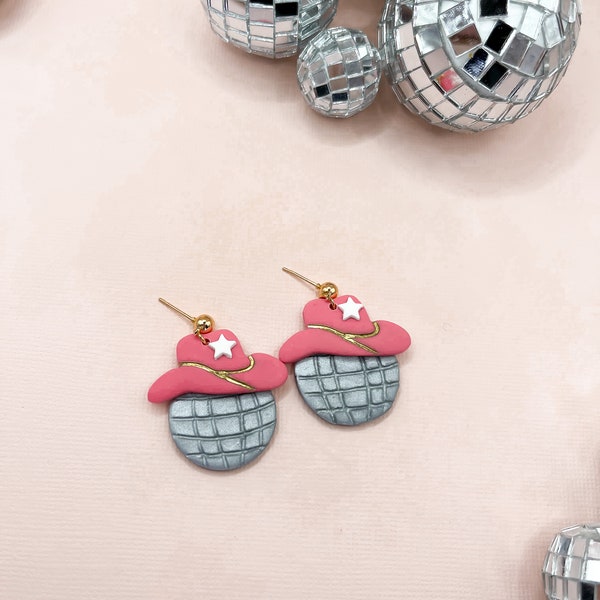 pink cowboy disco ball polymer clay dangle earring