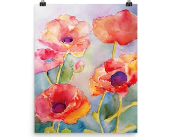 Hand Painted Watercolor Red Poppies Poster