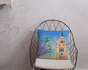 Pastel Painting Hong Kong Clock Tower with Coconut Trees Basic Pillow