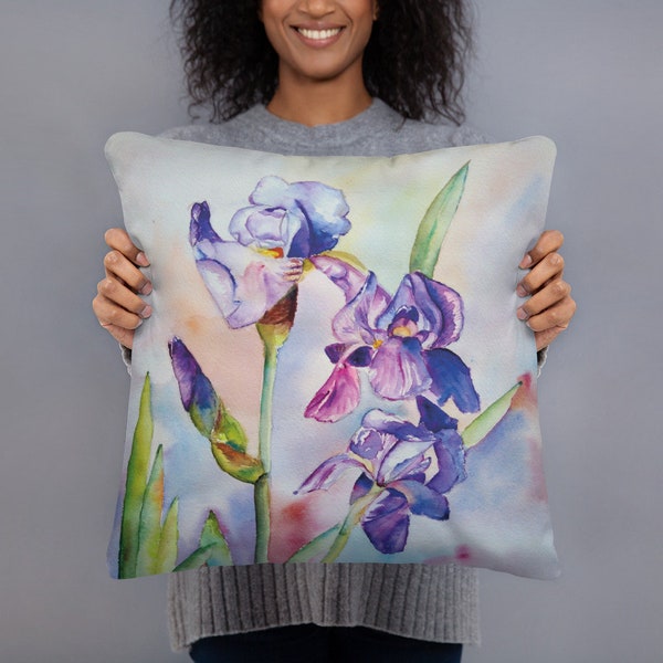 Hand Painted Watercolor Irises Basic Pillow