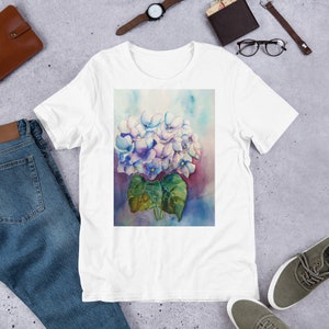 Met de hand geschilderd aquarel hortensia Unisex korte mouw Jersey T-shirt met traan weg label