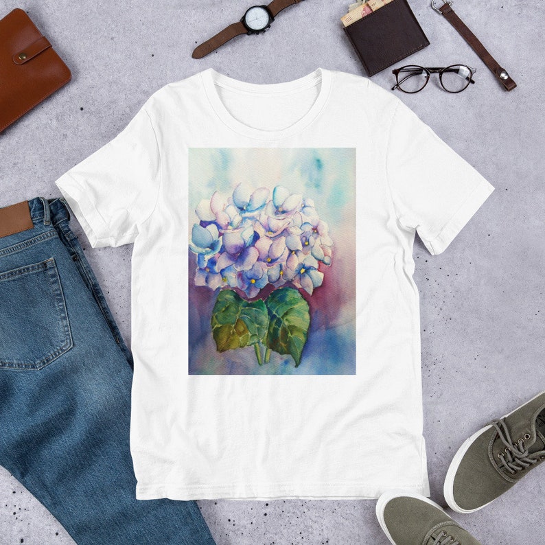Hand Painted Watercolor Hydrangea Unisex Short Sleeve Jersey T-Shirt with Tear Away Label image 1