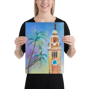 Pastel Painting Hong Kong Clock Tower with Coconut Trees Poster